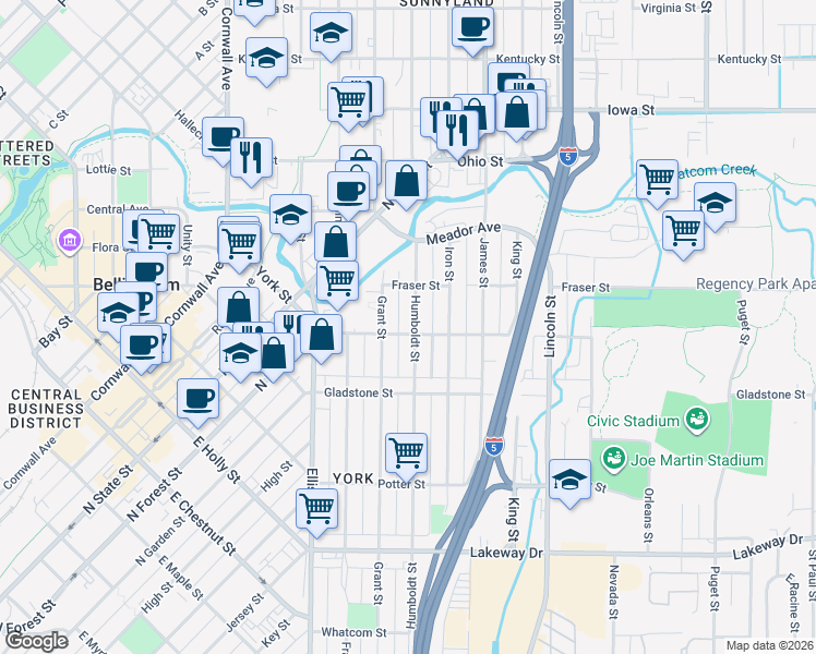 map of restaurants, bars, coffee shops, grocery stores, and more near 1628 Humboldt Street in Bellingham