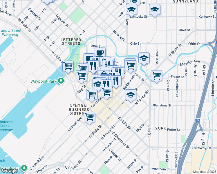 map of restaurants, bars, coffee shops, grocery stores, and more near 104 West Magnolia Street in Bellingham
