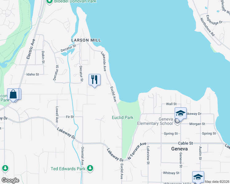 map of restaurants, bars, coffee shops, grocery stores, and more near 1614 Euclid Avenue in Bellingham