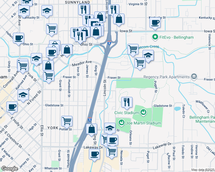 map of restaurants, bars, coffee shops, grocery stores, and more near 1040 Fraser Street in Bellingham
