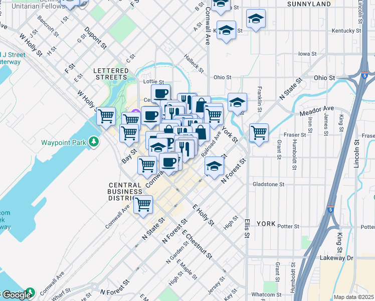 map of restaurants, bars, coffee shops, grocery stores, and more near 1412 Cornwall Avenue in Bellingham