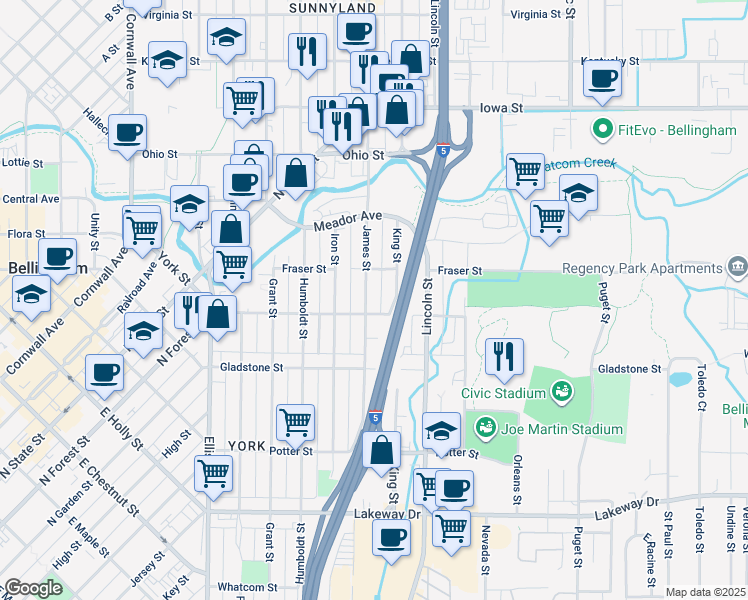 map of restaurants, bars, coffee shops, grocery stores, and more near 1610 James Street in Bellingham