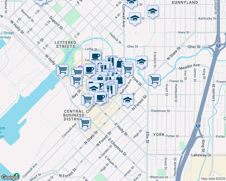 map of restaurants, bars, coffee shops, grocery stores, and more near 1422 Cornwall Avenue in Bellingham