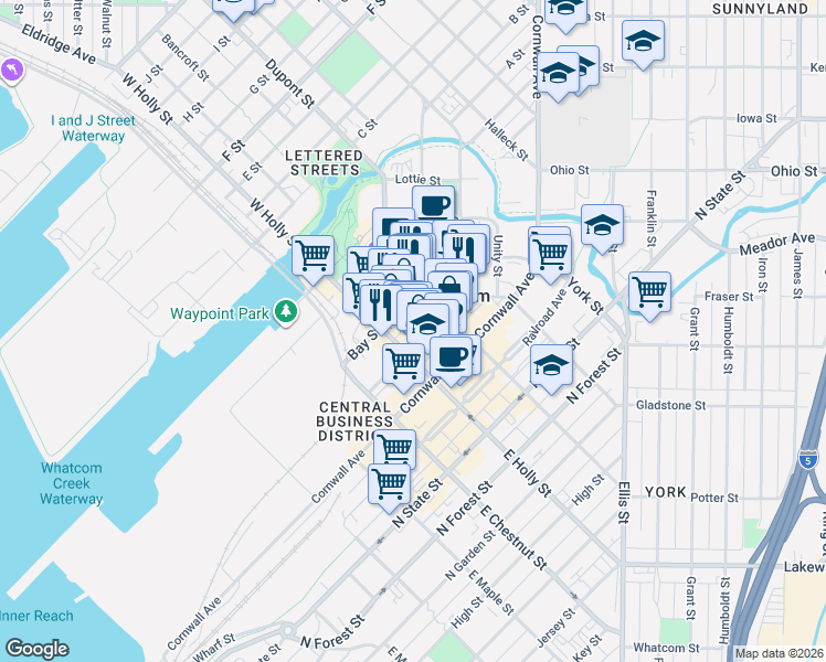 map of restaurants, bars, coffee shops, grocery stores, and more near 1313 Commercial Street in Bellingham