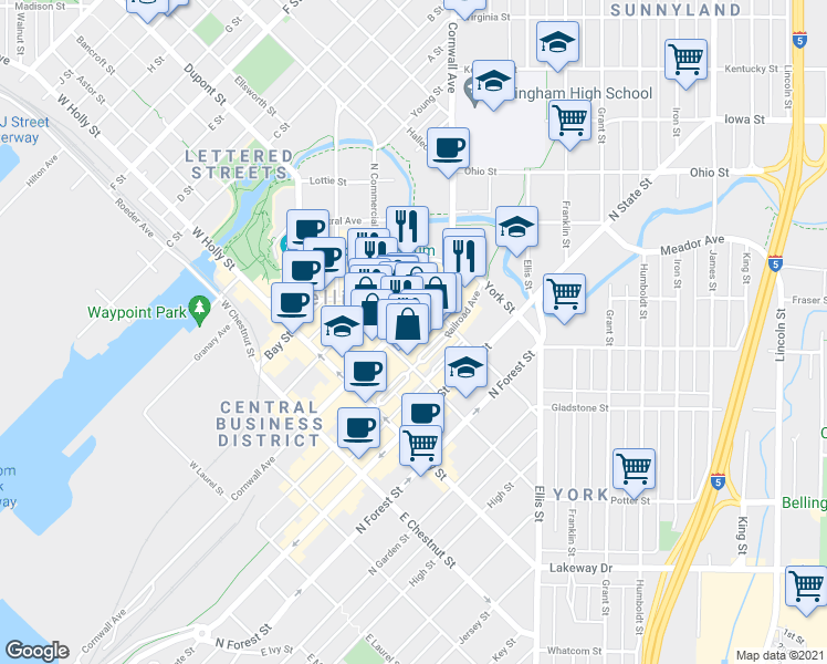 map of restaurants, bars, coffee shops, grocery stores, and more near 1414 Cornwall Avenue in Bellingham