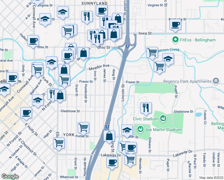 map of restaurants, bars, coffee shops, grocery stores, and more near 1615 King Street in Bellingham