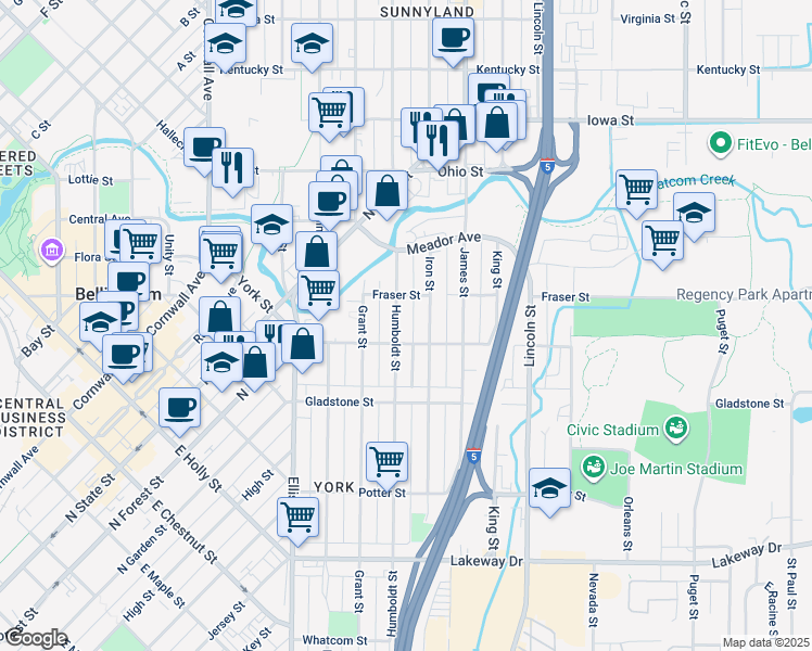 map of restaurants, bars, coffee shops, grocery stores, and more near 1628 Humboldt Street in Bellingham