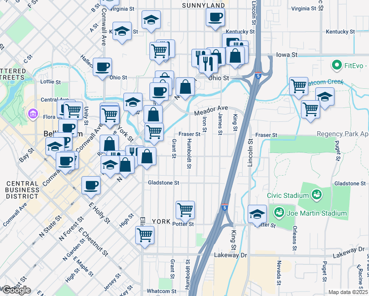 map of restaurants, bars, coffee shops, grocery stores, and more near 1628 Humboldt Street in Bellingham