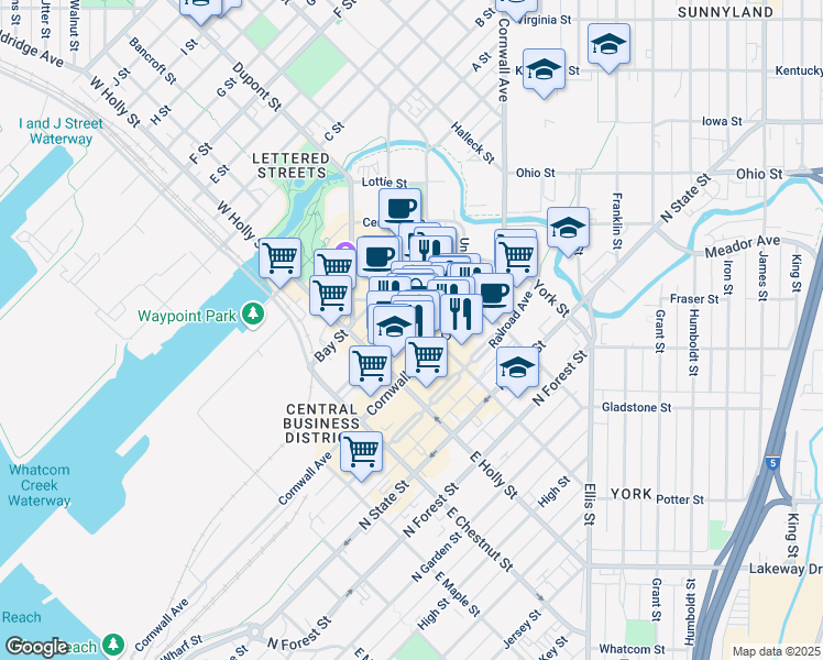 map of restaurants, bars, coffee shops, grocery stores, and more near in Bellingham