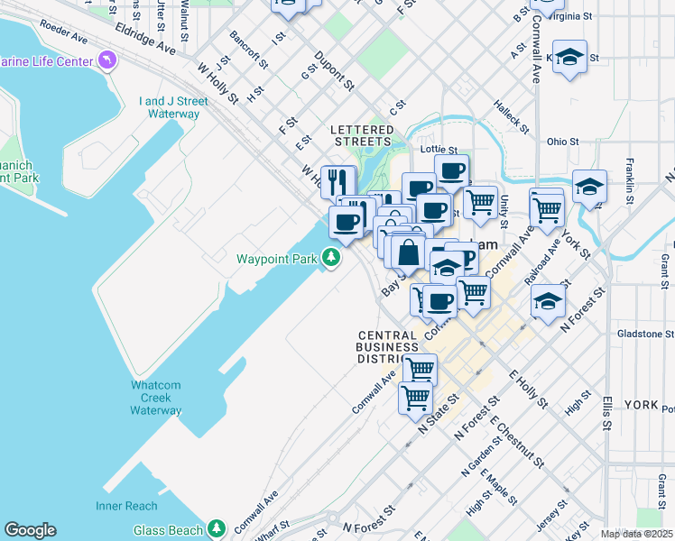 map of restaurants, bars, coffee shops, grocery stores, and more near 1208 Central Avenue in Bellingham