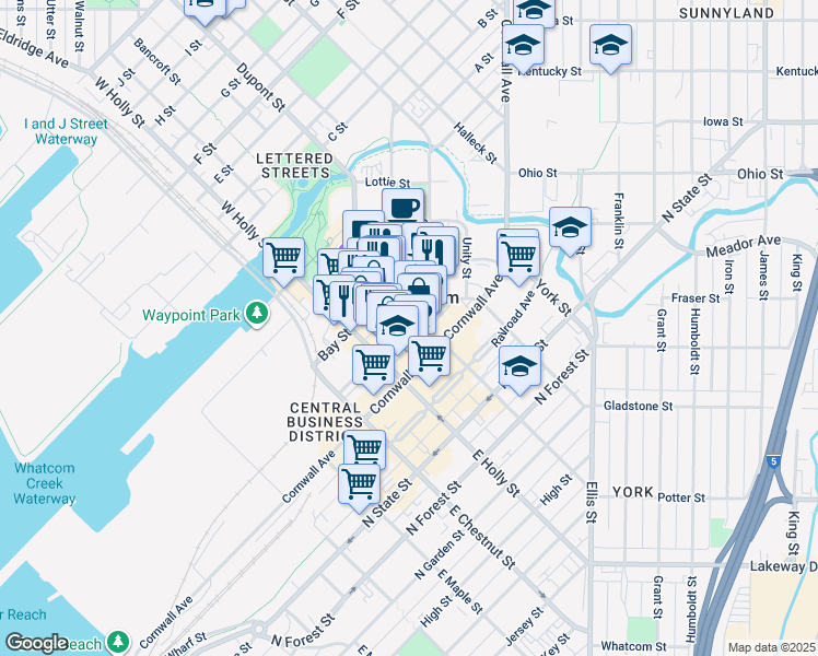 map of restaurants, bars, coffee shops, grocery stores, and more near 1338 Commercial Street in Bellingham
