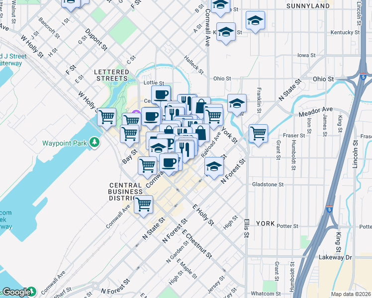 map of restaurants, bars, coffee shops, grocery stores, and more near 1412 Cornwall Avenue in Bellingham