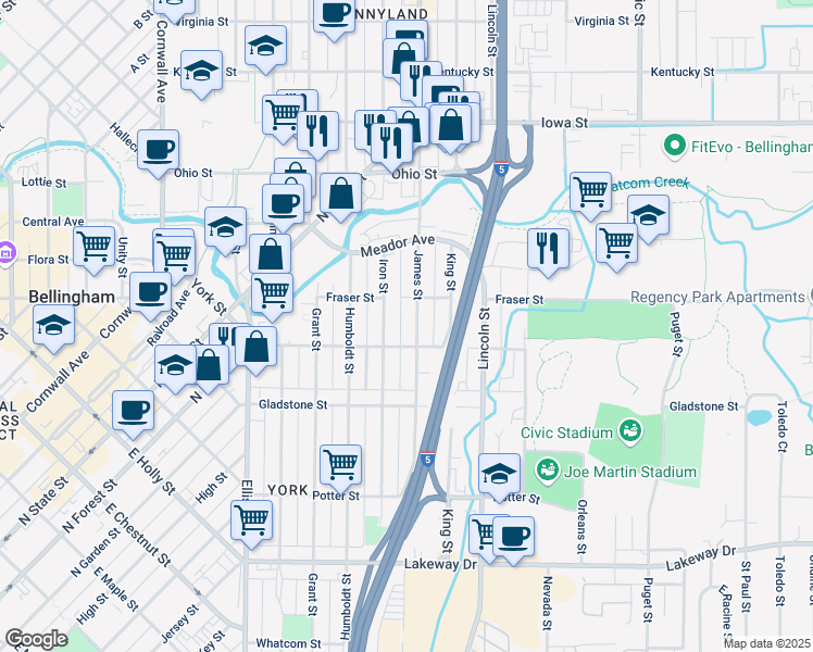 map of restaurants, bars, coffee shops, grocery stores, and more near 1630 Iron Street in Bellingham
