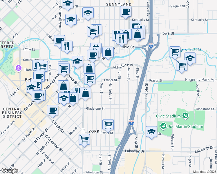 map of restaurants, bars, coffee shops, grocery stores, and more near 1628 Humboldt Street in Bellingham