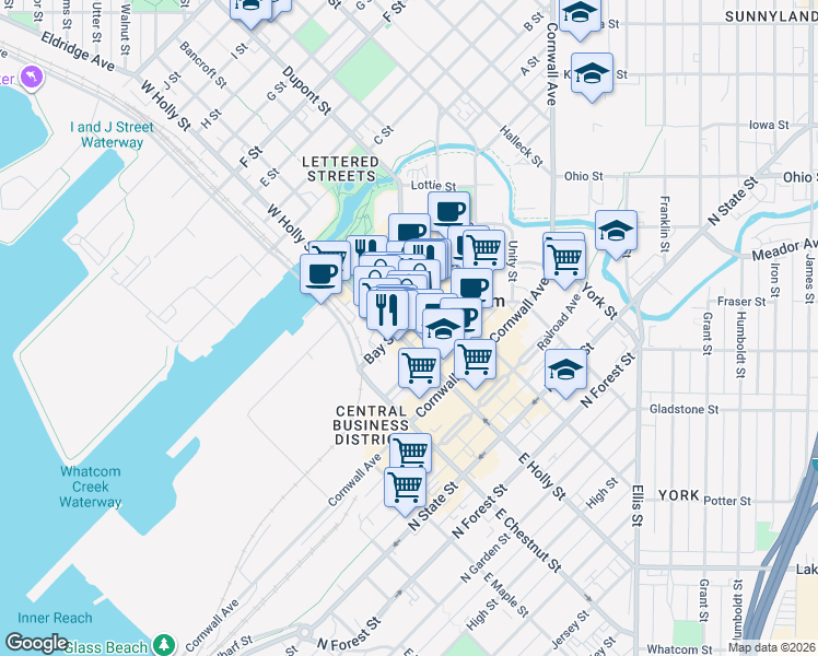 map of restaurants, bars, coffee shops, grocery stores, and more near 312 West Holly Street in Bellingham