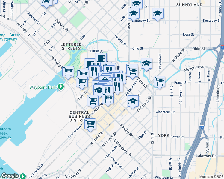 map of restaurants, bars, coffee shops, grocery stores, and more near 104 West Magnolia Street in Bellingham