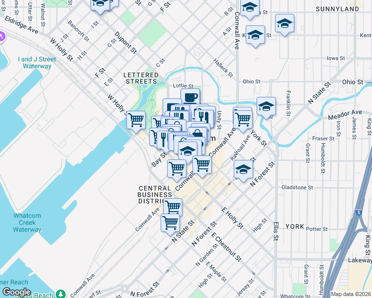 map of restaurants, bars, coffee shops, grocery stores, and more near 1338 Commercial Street in Bellingham