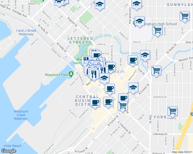 map of restaurants, bars, coffee shops, grocery stores, and more near 312 West Holly Street in Bellingham
