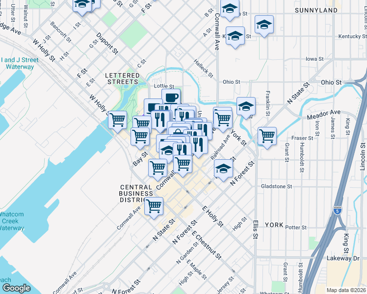 map of restaurants, bars, coffee shops, grocery stores, and more near 114 Magnolia St in Bellingham