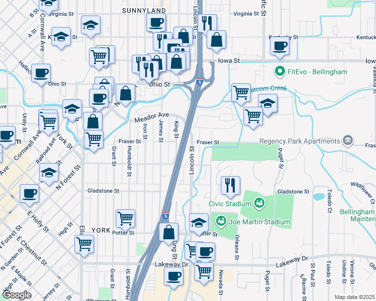 map of restaurants, bars, coffee shops, grocery stores, and more near 1625 Lincoln Street in Bellingham