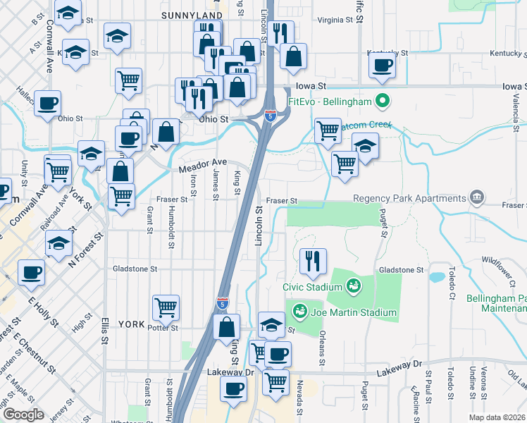 map of restaurants, bars, coffee shops, grocery stores, and more near 1040 Fraser Street in Bellingham