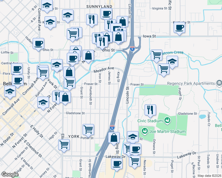 map of restaurants, bars, coffee shops, grocery stores, and more near 1628 James Street in Bellingham