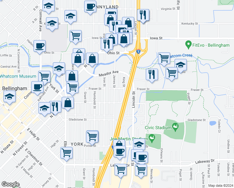 map of restaurants, bars, coffee shops, grocery stores, and more near 1628 James Street in Bellingham