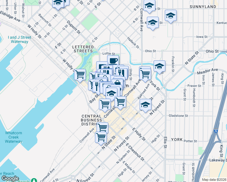 map of restaurants, bars, coffee shops, grocery stores, and more near 1338 Commercial Street in Bellingham