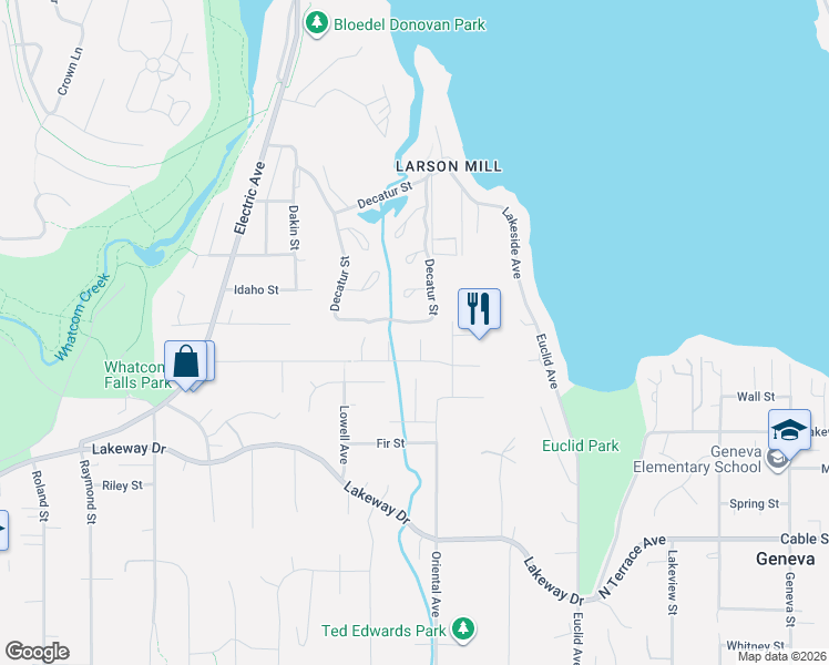 map of restaurants, bars, coffee shops, grocery stores, and more near 1613 Brookview Court in Bellingham