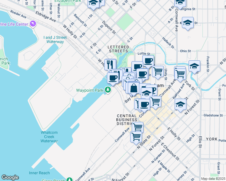 map of restaurants, bars, coffee shops, grocery stores, and more near 1208 Central Avenue in Bellingham