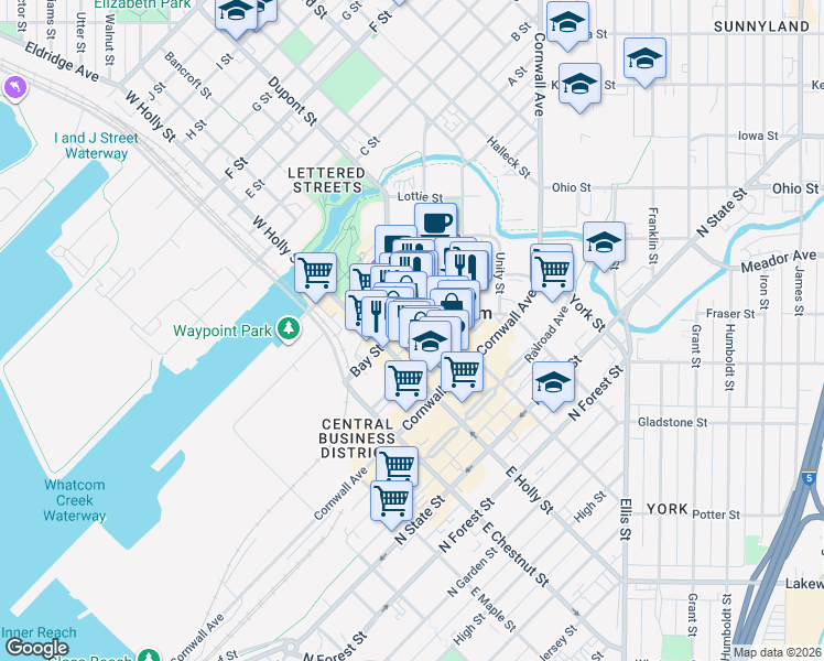 map of restaurants, bars, coffee shops, grocery stores, and more near 1338 Commercial Street in Bellingham