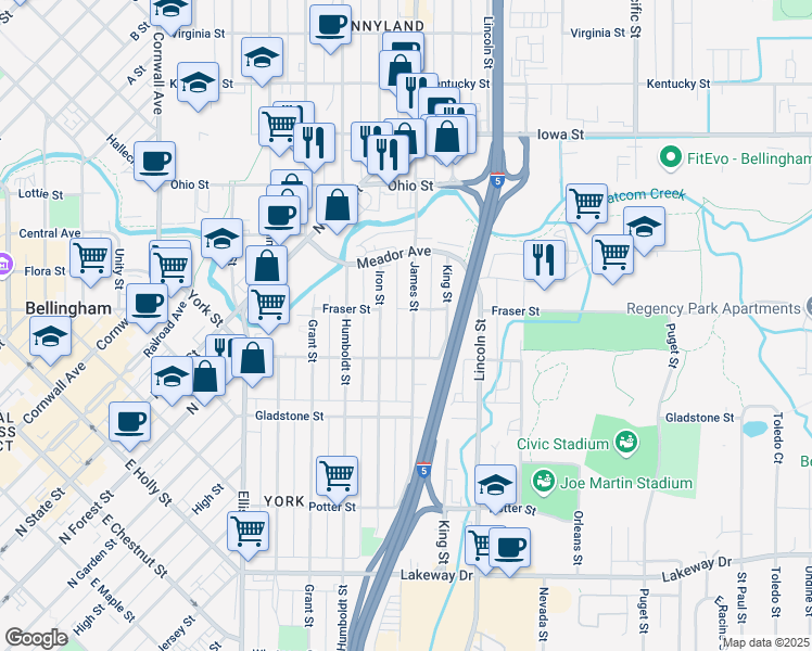 map of restaurants, bars, coffee shops, grocery stores, and more near 1630 Iron Street in Bellingham