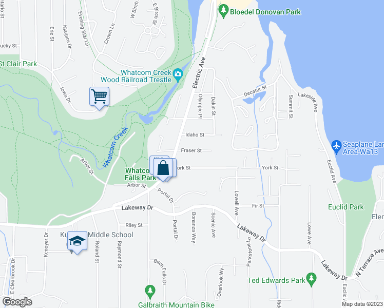 map of restaurants, bars, coffee shops, grocery stores, and more near 3822 Fraser Street in Bellingham