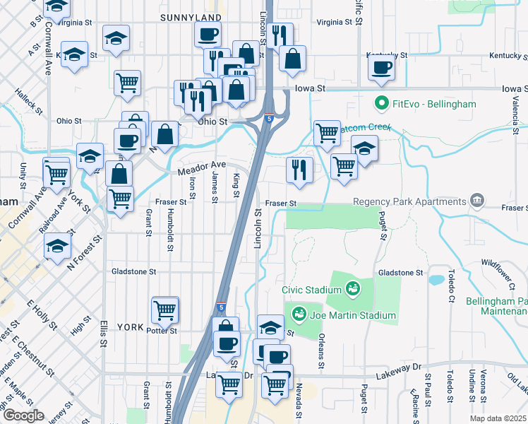 map of restaurants, bars, coffee shops, grocery stores, and more near 1628 Lincoln Street in Bellingham