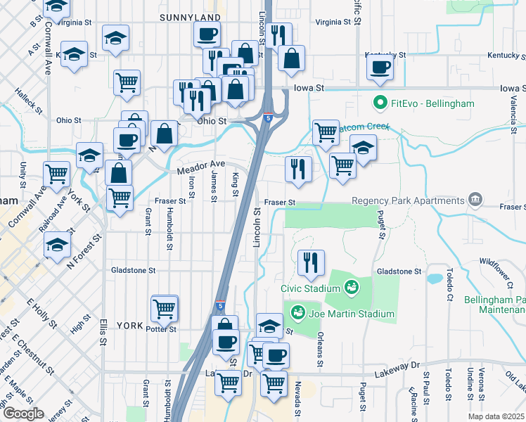 map of restaurants, bars, coffee shops, grocery stores, and more near 1040 Fraser Street in Bellingham