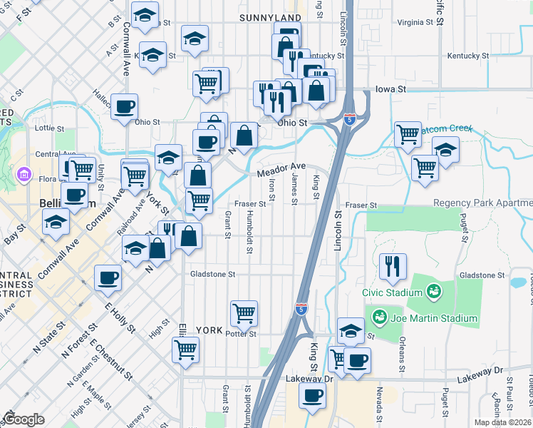map of restaurants, bars, coffee shops, grocery stores, and more near 1630 Iron Street in Bellingham
