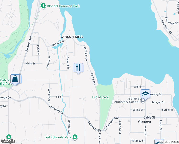 map of restaurants, bars, coffee shops, grocery stores, and more near 1623 Euclid Avenue in Bellingham