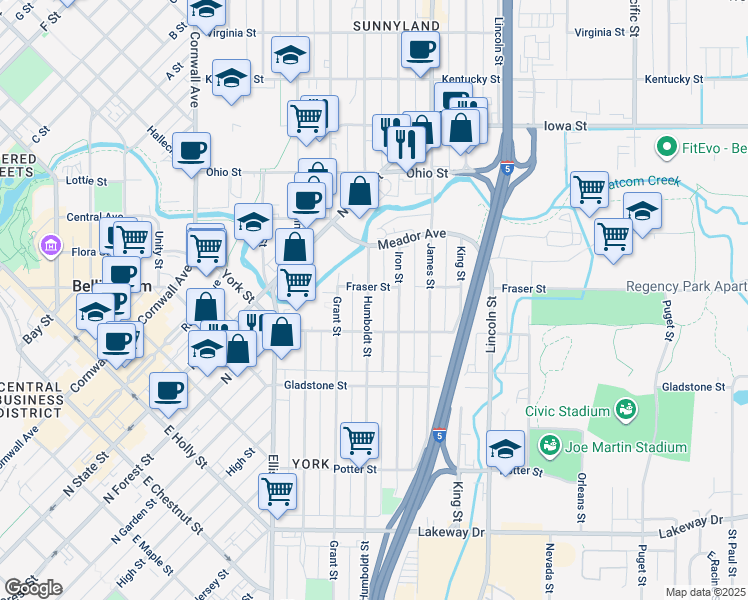 map of restaurants, bars, coffee shops, grocery stores, and more near 1628 Humboldt Street in Bellingham