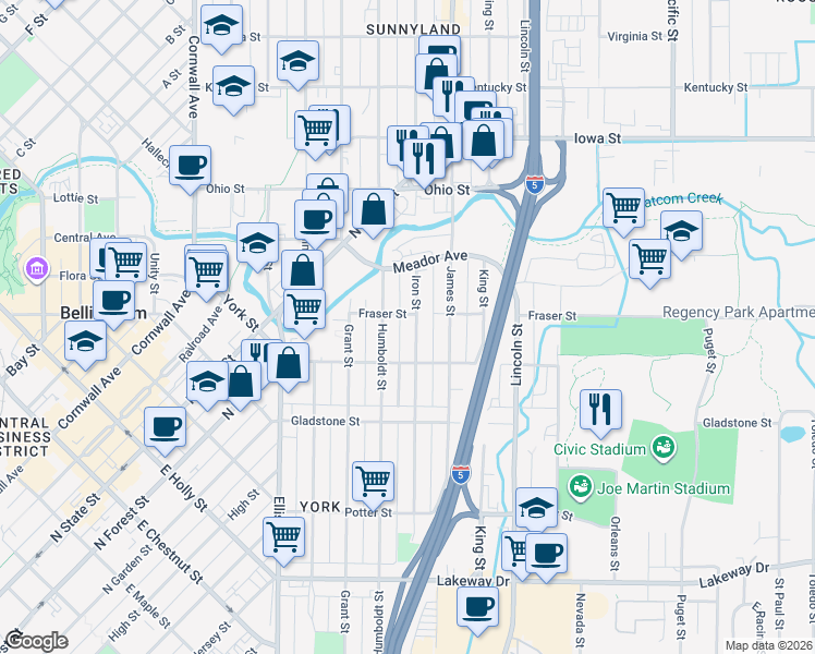 map of restaurants, bars, coffee shops, grocery stores, and more near 1630 Iron Street in Bellingham