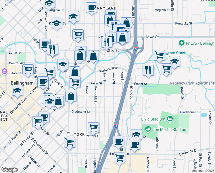map of restaurants, bars, coffee shops, grocery stores, and more near 1630 Iron Street in Bellingham