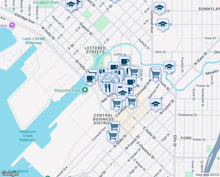 map of restaurants, bars, coffee shops, grocery stores, and more near 312 West Holly Street in Bellingham