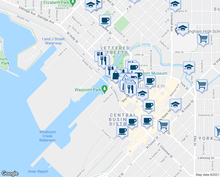 map of restaurants, bars, coffee shops, grocery stores, and more near 1211 Granary Ave in Bellingham