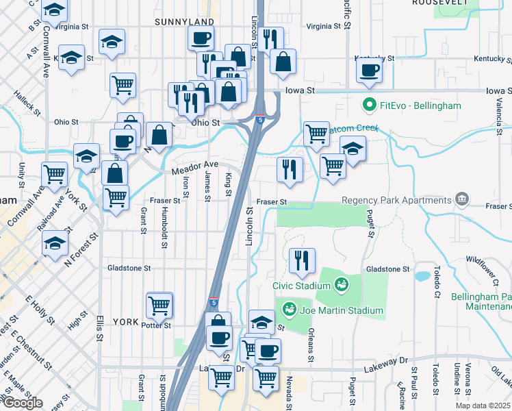 map of restaurants, bars, coffee shops, grocery stores, and more near 1040 Fraser Street in Bellingham