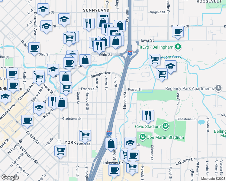 map of restaurants, bars, coffee shops, grocery stores, and more near 1628 James Street in Bellingham
