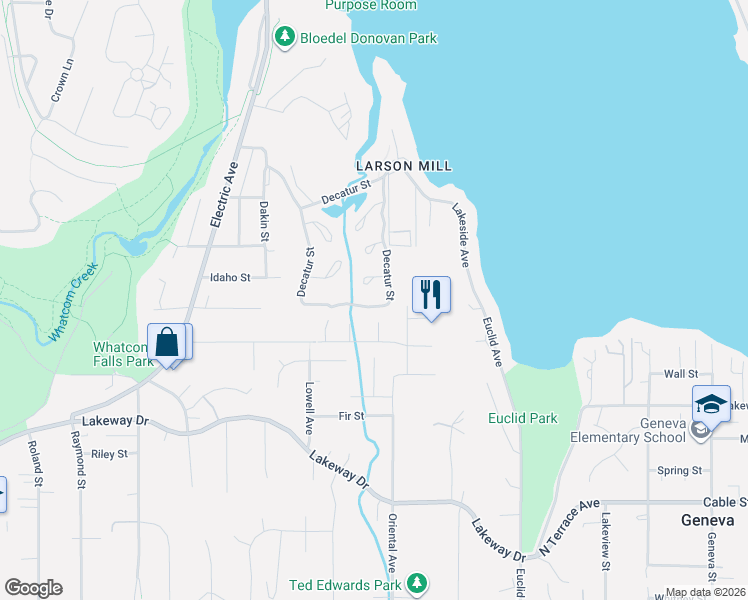 map of restaurants, bars, coffee shops, grocery stores, and more near 1613 Brookview Court in Bellingham