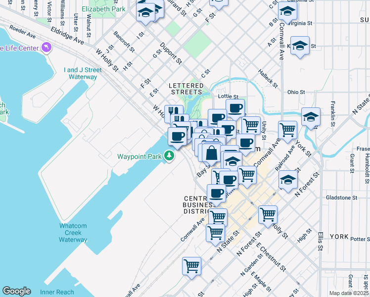 map of restaurants, bars, coffee shops, grocery stores, and more near 1220 Central Avenue in Bellingham