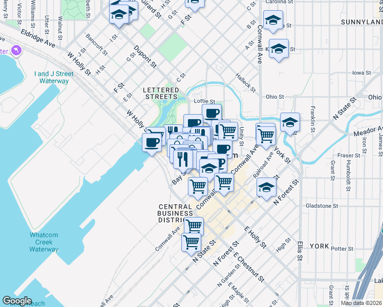 map of restaurants, bars, coffee shops, grocery stores, and more near 312 West Holly Street in Bellingham