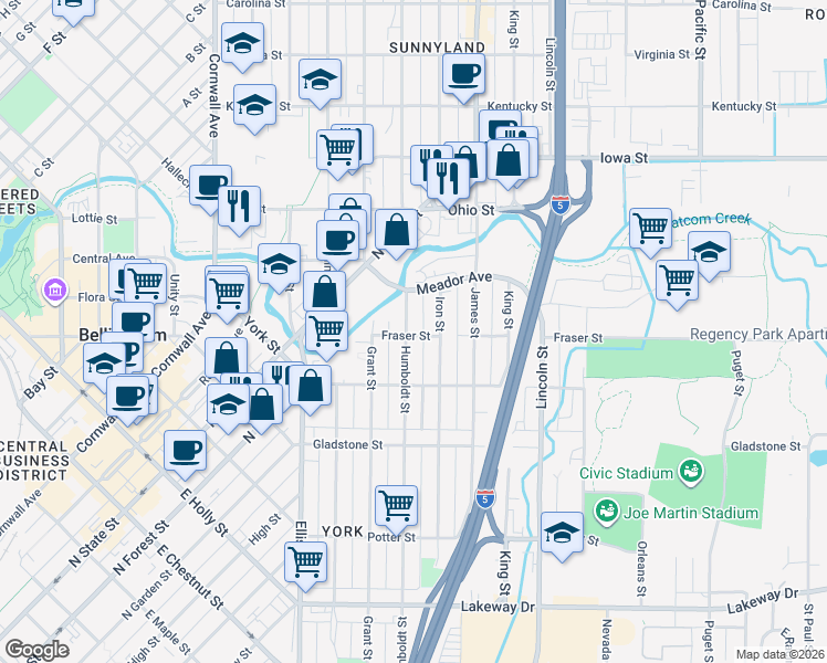 map of restaurants, bars, coffee shops, grocery stores, and more near 1628 Humboldt Street in Bellingham