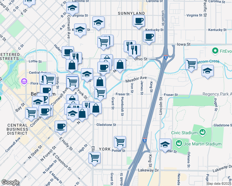 map of restaurants, bars, coffee shops, grocery stores, and more near 1626 Grant Street in Bellingham