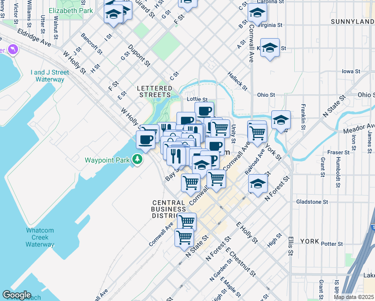 map of restaurants, bars, coffee shops, grocery stores, and more near 312 West Holly Street in Bellingham